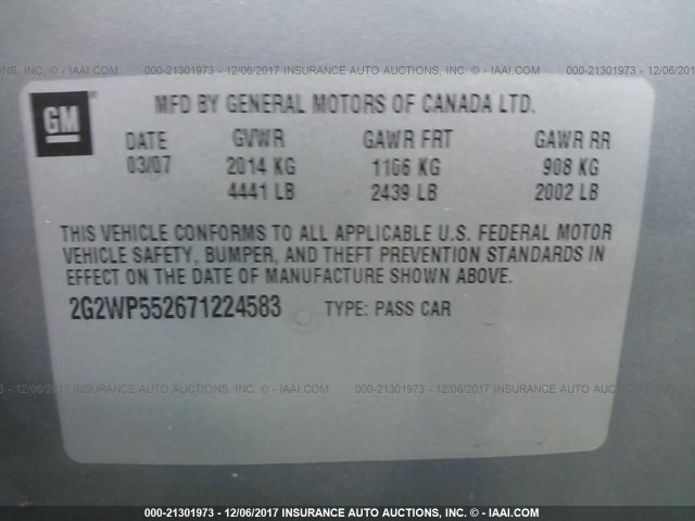 2G2WP552671224583 - 2007 PONTIAC GRAND PRIX GRAY photo 9