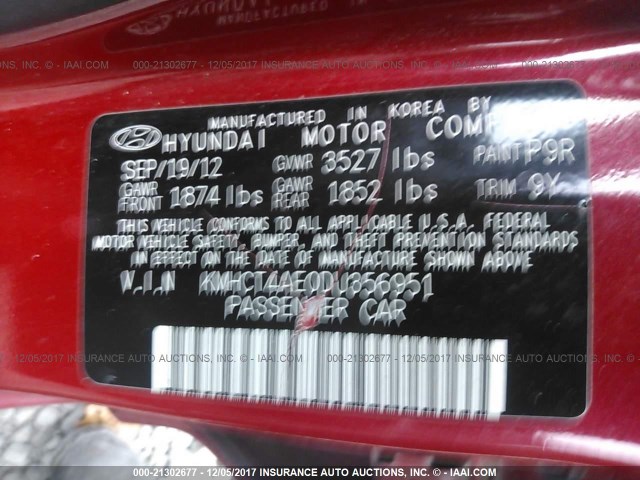 KMHCT4AE0DU356951 - 2013 HYUNDAI ACCENT GLS/GS RED photo 9