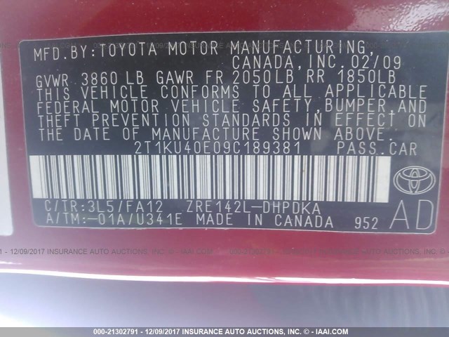 2T1KU40E09C189381 - 2009 TOYOTA COROLLA MATRIX  RED photo 9