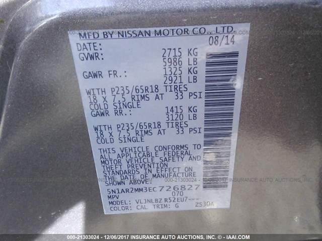 5N1AR2MM3EC726827 - 2014 NISSAN PATHFINDER S/SV/SL/PLATINUM 棕色 照片 9