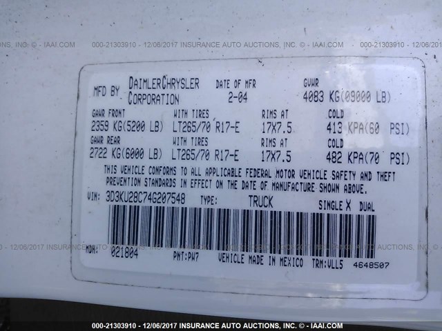 3D3KU28C74G207548 - 2004 DODGE RAM 2500 ST/SLT 白色 照片 9
