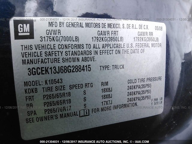 3GCEK13J68G288415 - 2008 CHEVROLET SILVERADO K1500 BLACK photo 9