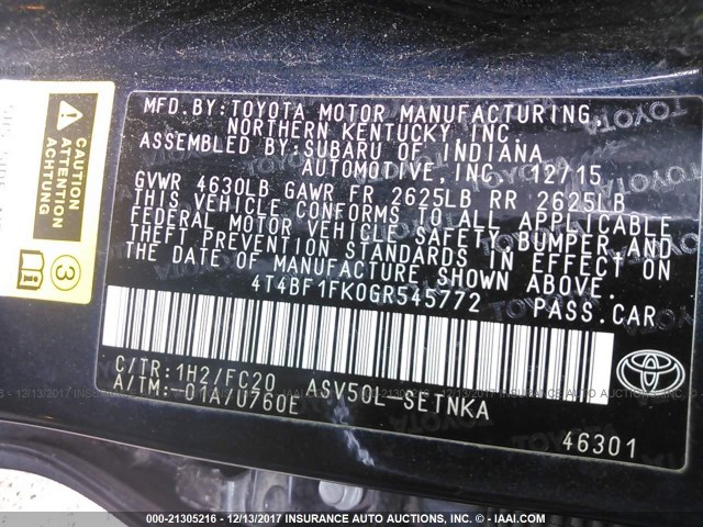 4T4BF1FK0GR545772 - 2016 TOYOTA CAMRY LE/XLE/SE/XSE BLUE photo 9