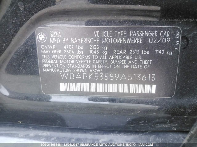 WBAPK53589A513613 - 2009 BMW 328 XI SULEV BLACK photo 9