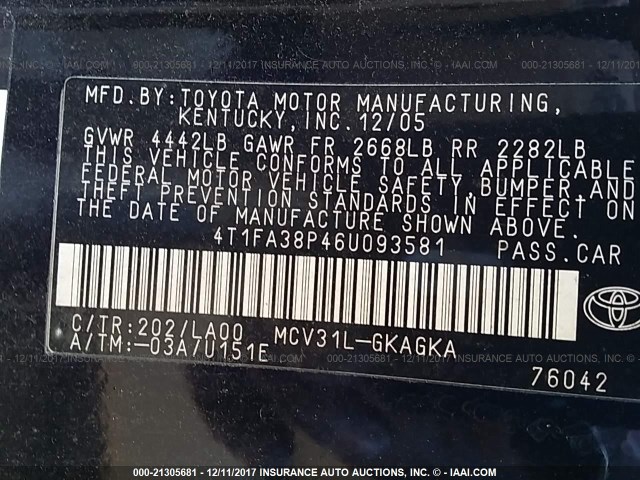 4T1FA38P46U093581 - 2006 TOYOTA CAMRY SOLARA SE/SLE შავი ფოტო 9