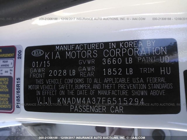 KNADM4A37F6515294 - 2015 KIA RIO LX WHITE photo 9