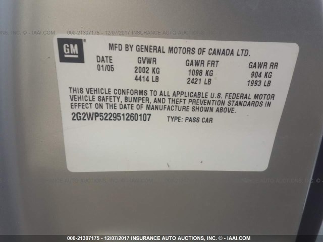 2G2WP522951260107 - 2005 PONTIAC GRAND PRIX SILVER photo 9