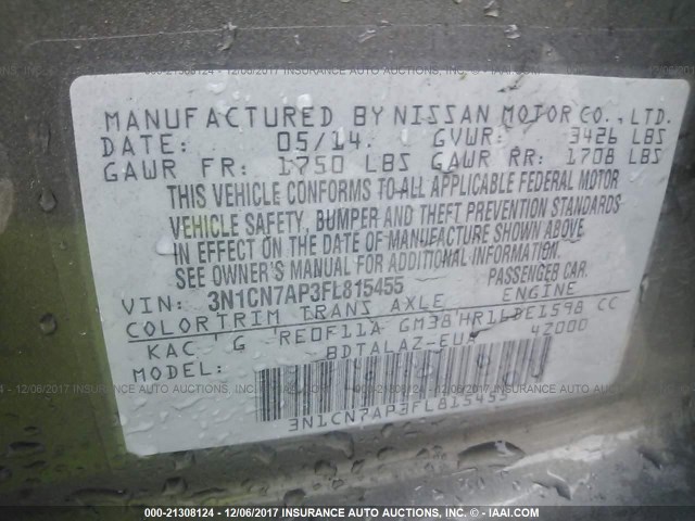 3N1CN7AP3FL815455 - 2015 NISSAN VERSA S/S PLUS/SV/SL SILVER photo 9