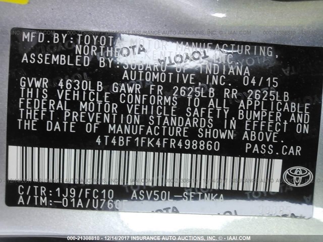 4T4BF1FK4FR498860 - 2015 TOYOTA CAMRY LE/XLE/SE/XSE SILVER photo 9