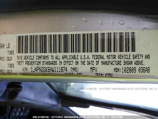 1J4PN2GK6AW111874 - 2010 JEEP LIBERTY SPORT 银色 照片 9