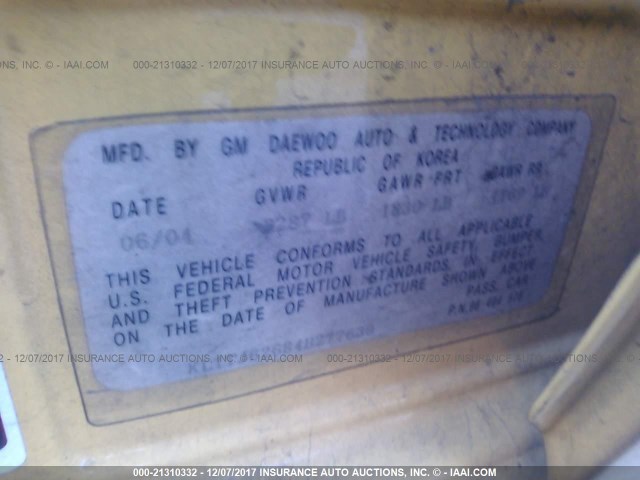 KL1TJ62684B277639 - 2004 CHEVROLET AVEO LS YELLOW photo 9