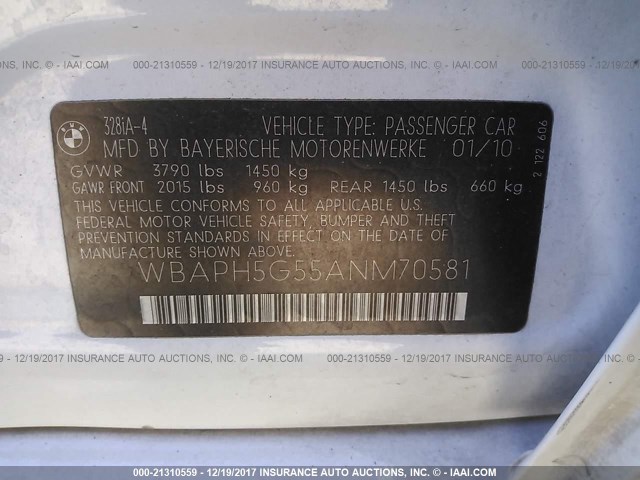 WBAPH5G55ANM70581 - 2010 BMW 328 I SULEV WHITE photo 9