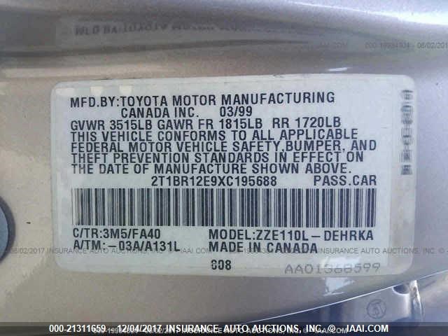 2T1BR12E9XC195688 - 1999 TOYOTA COROLLA VE/CE/LE 金色 照片 9