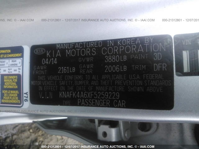 KNAFK4A6XF5259229 - 2015 KIA FORTE LX SILVER photo 9