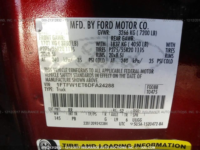 1FTFW1ET6DFA24288 - 2013 FORD F150 SUPERCREW RED photo 9