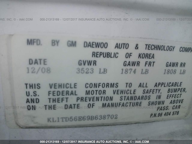 KL1TD56E69B638702 - 2009 CHEVROLET AVEO LS/LT 白色 照片 9