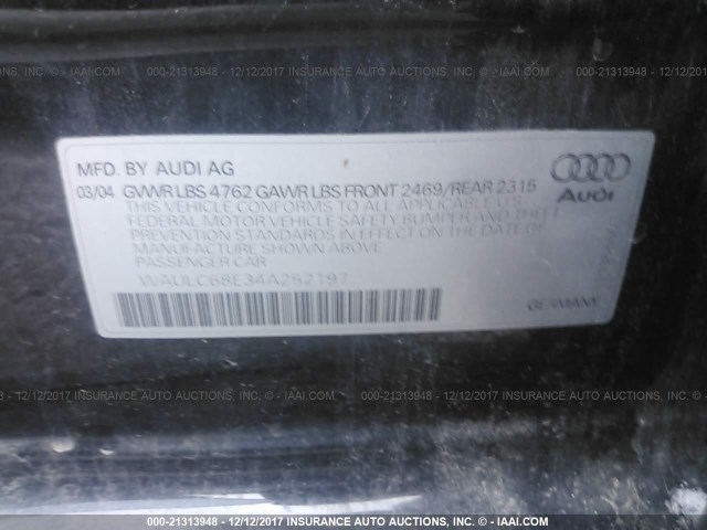 WAULC68E34A252197 - 2004 AUDI A4 1.8T QUATTRO BLACK photo 9