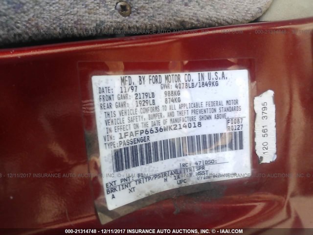 1FAFP6636WK214018 - 1998 FORD CONTOUR LX/SPORT/SE MAROON photo 9