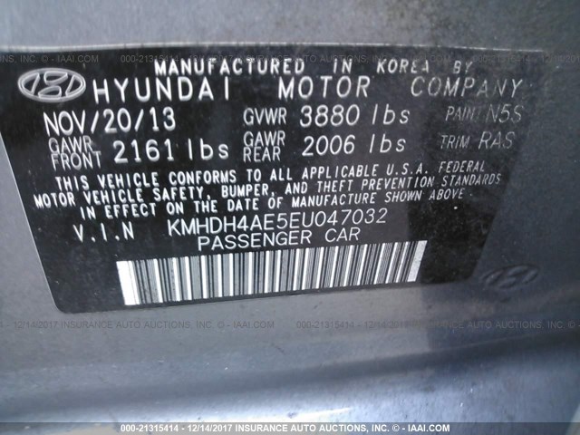 KMHDH4AE5EU047032 - 2014 HYUNDAI ELANTRA SE/SPORT/LIMITED GRAY photo 9