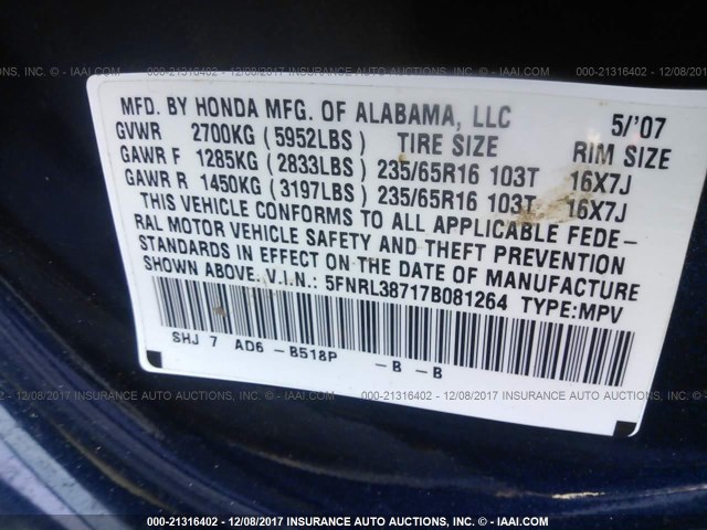 5FNRL38717B081264 - 2007 HONDA ODYSSEY EXL GRAY photo 9