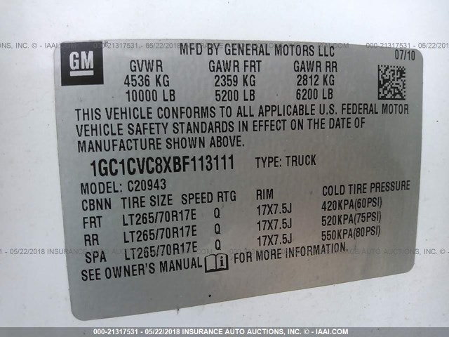 1GC1CVC8XBF113111 - 2011 CHEVROLET SILVERADO C2500 HEAVY DUTY WHITE photo 9