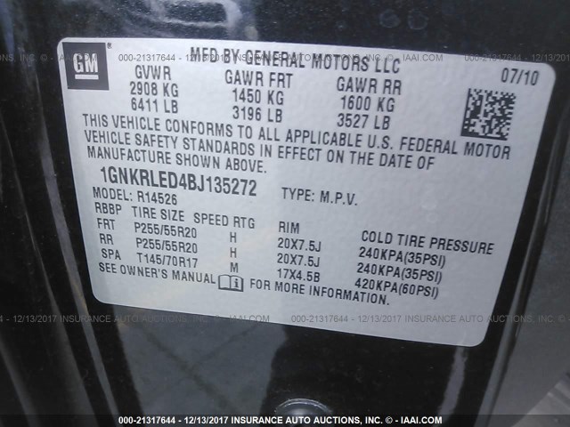 1GNKRLED4BJ135272 - 2011 CHEVROLET TRAVERSE LTZ BLACK photo 9