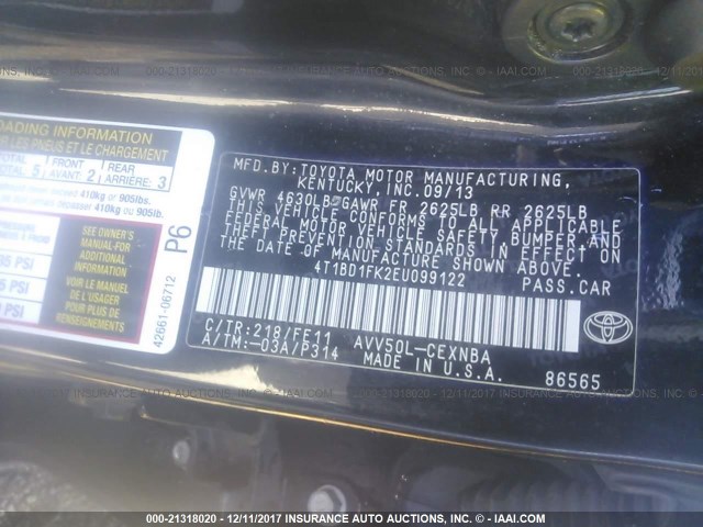 4T1BD1FK2EU099122 - 2014 TOYOTA CAMRY HYBRID/LE/XLE 黑色 照片 9