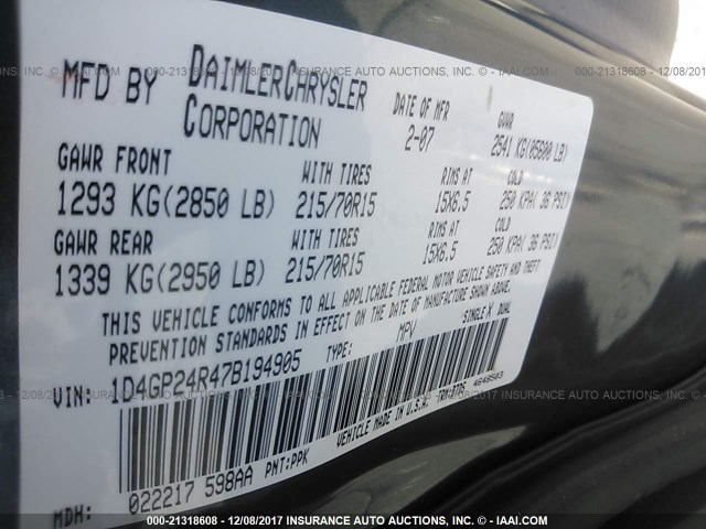 1D4GP24R47B194905 - 2007 DODGE GRAND CARAVAN SE GRAY photo 9