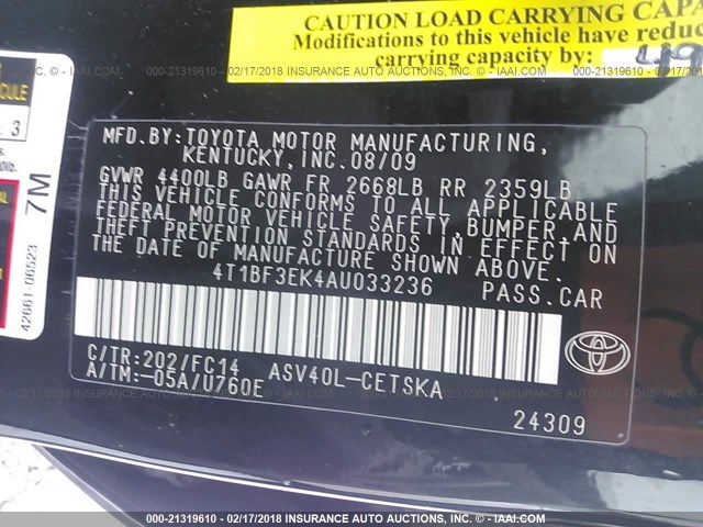 4T1BF3EK4AU033236 - 2010 TOYOTA CAMRY SE/LE/XLE 黑色 照片 9