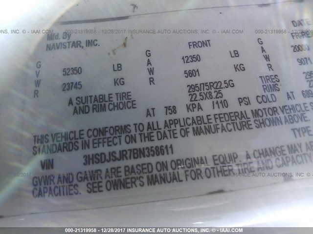 3HSDJSJR7BN358611 - 2011 INTERNATIONAL PROSTAR თეთრი ფოტო 10