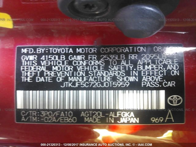 JTKJF5C72GJ015959 - 2016 TOYOTA SCION TC 红色 照片 9