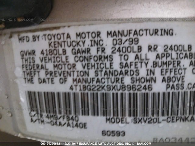 4T1BG22K9XU896246 - 1999 TOYOTA CAMRY CE/LE/XLE GOLD photo 9