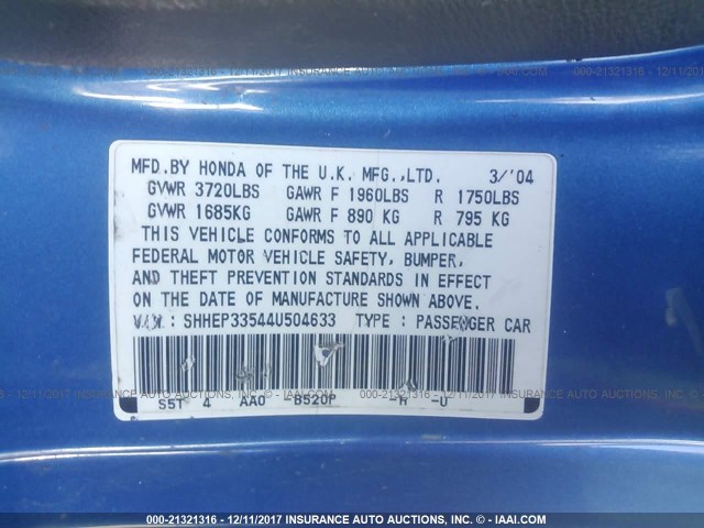 SHHEP33544U504633 - 2004 HONDA CIVIC SI BLUE photo 9