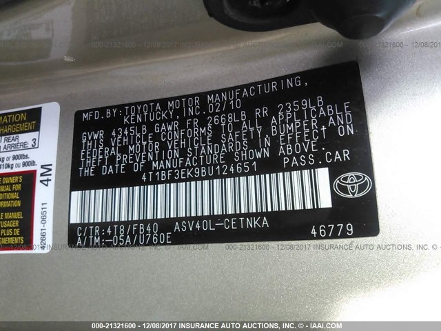 4T1BF3EK9BU124651 - 2011 TOYOTA CAMRY SE/LE/XLE GOLD photo 9