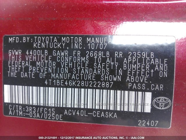 4T1BE46K28U222887 - 2008 TOYOTA CAMRY CE/LE/XLE/SE RED photo 9