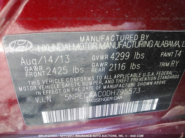 5NPEC4AC0DH795573 - 2013 HYUNDAI SONATA SE/LIMITED BURGUNDY photo 9