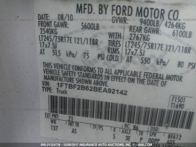 1FTBF2B62BEA92142 - 2011 FORD F250 SUPER DUTY WHITE photo 9