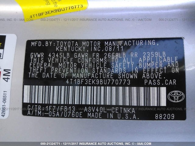 4T1BF3EK9BU770773 - 2011 TOYOTA CAMRY SE/LE/XLE SILVER photo 9