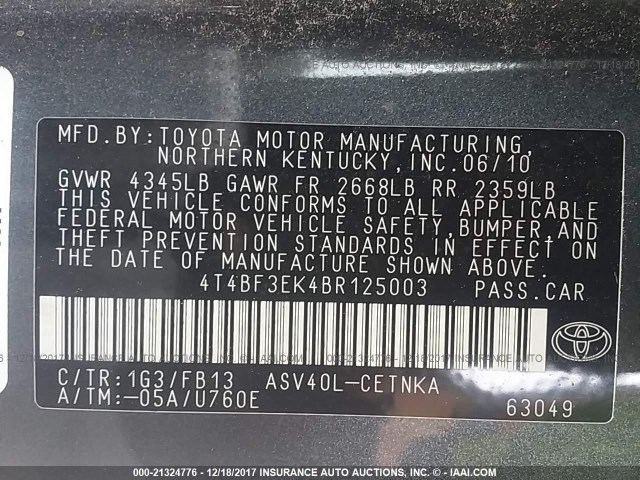 4T4BF3EK4BR125003 - 2011 TOYOTA CAMRY SE/LE/XLE GRAY photo 9