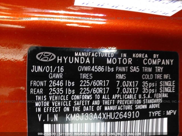 KM8J33A4XHU264910 - 2017 HYUNDAI TUCSON LIMITED/SPORT AND ECO/SE ORANGE photo 9