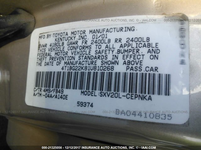 4T1BG22K81U810268 - 2001 TOYOTA CAMRY CE/LE/XLE ბეჟი ფოტო 9