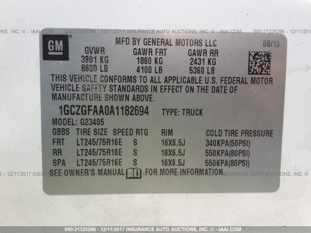 1GCZGFAA0A1182694 - 2010 CHEVROLET EXPRESS G2500  WHITE photo 9