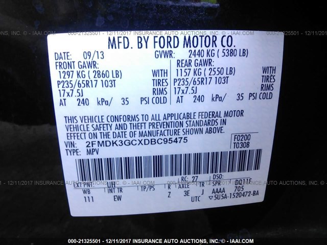 2FMDK3GCXDBC95475 - 2013 FORD EDGE SE BLACK photo 9