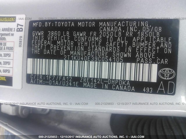 2T1KU40E39C054105 - 2009 TOYOTA COROLLA MATRIX  SILVER photo 9