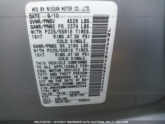 JN8AS5MVXBW662559 - 2011 NISSAN ROGUE S/SV/KROM SILVER photo 9