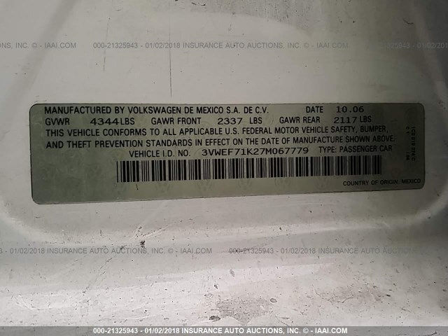 3VWEF71K27M067779 - 2007 VOLKSWAGEN JETTA WOLFSBURG 白色 照片 9