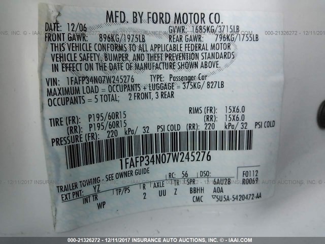 1FAFP34N07W245276 - 2007 FORD FOCUS ZX4/S/SE/SES WHITE photo 9