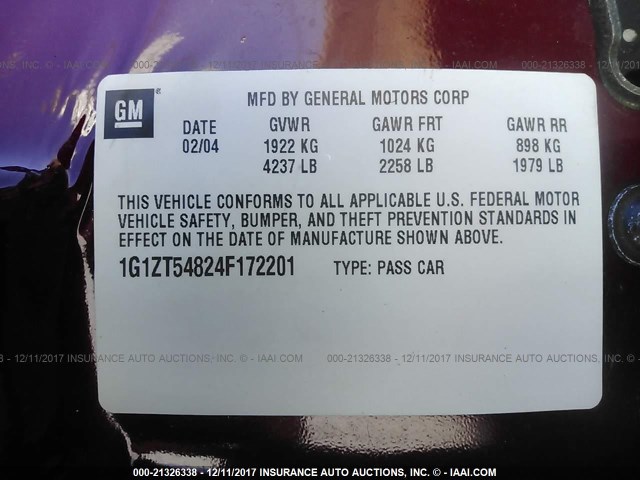 1G1ZT54824F172201 - 2004 CHEVROLET MALIBU LS მუქწითელი ფოტო 9