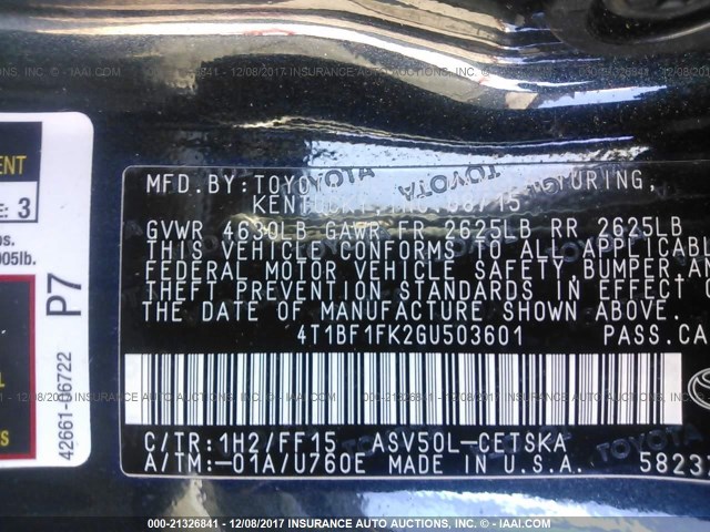 4T1BF1FK2GU503601 - 2016 TOYOTA CAMRY LE/XLE/SE/XSE Schwarz Foto 9