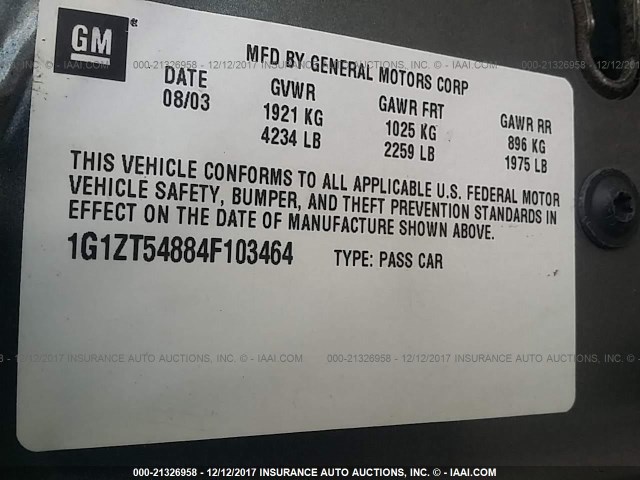 1G1ZT54884F103464 - 2004 CHEVROLET MALIBU LS GRAY photo 9